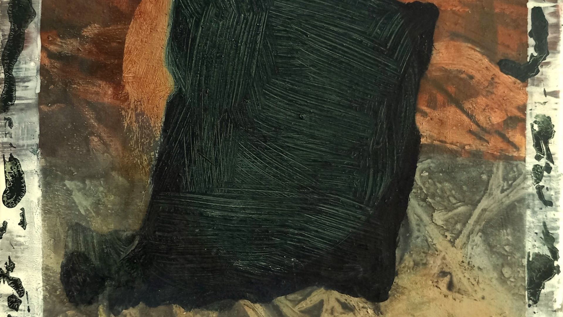 Painting by Susan Absolon, a large black monolith against a burnt orange background.