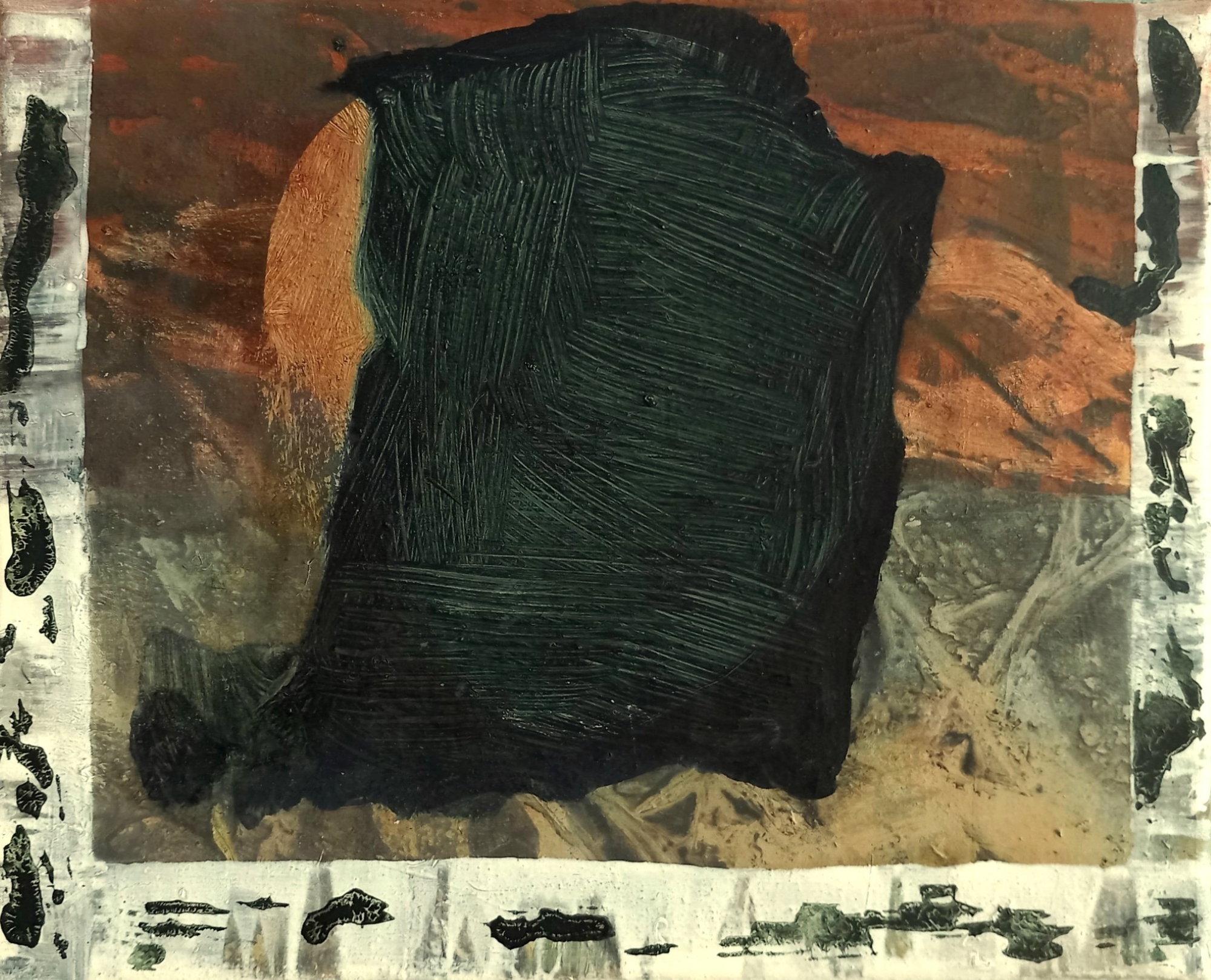 Painting by Susan Absolon, a large black monolith against a burnt orange background.