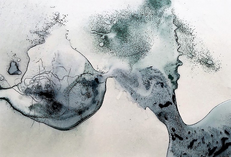 Water drawing by Alison Churchill, abstract blue splatters and spray marks.