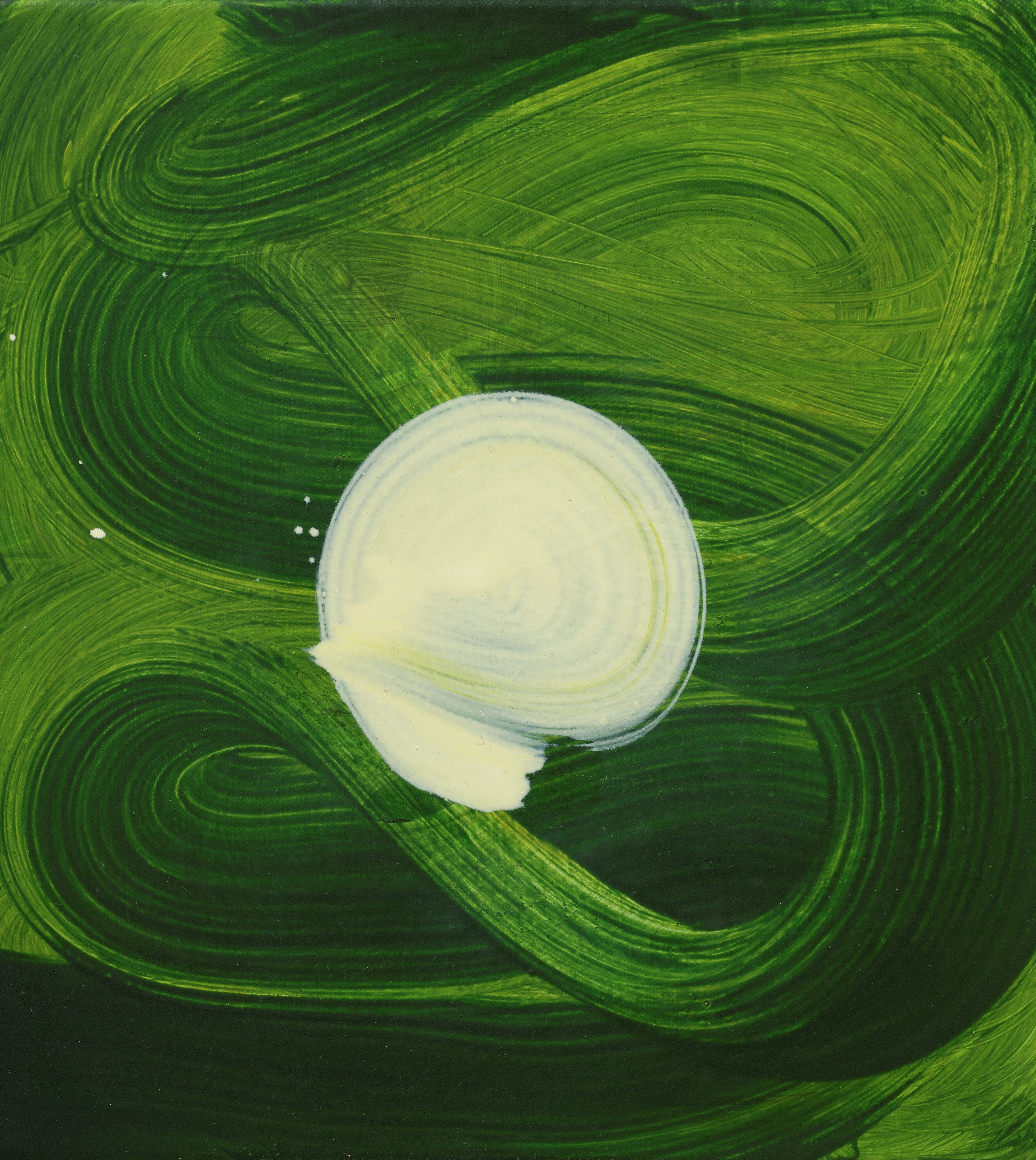 Swirling green painting around a pale yellow orb, by Amanda Ansell.