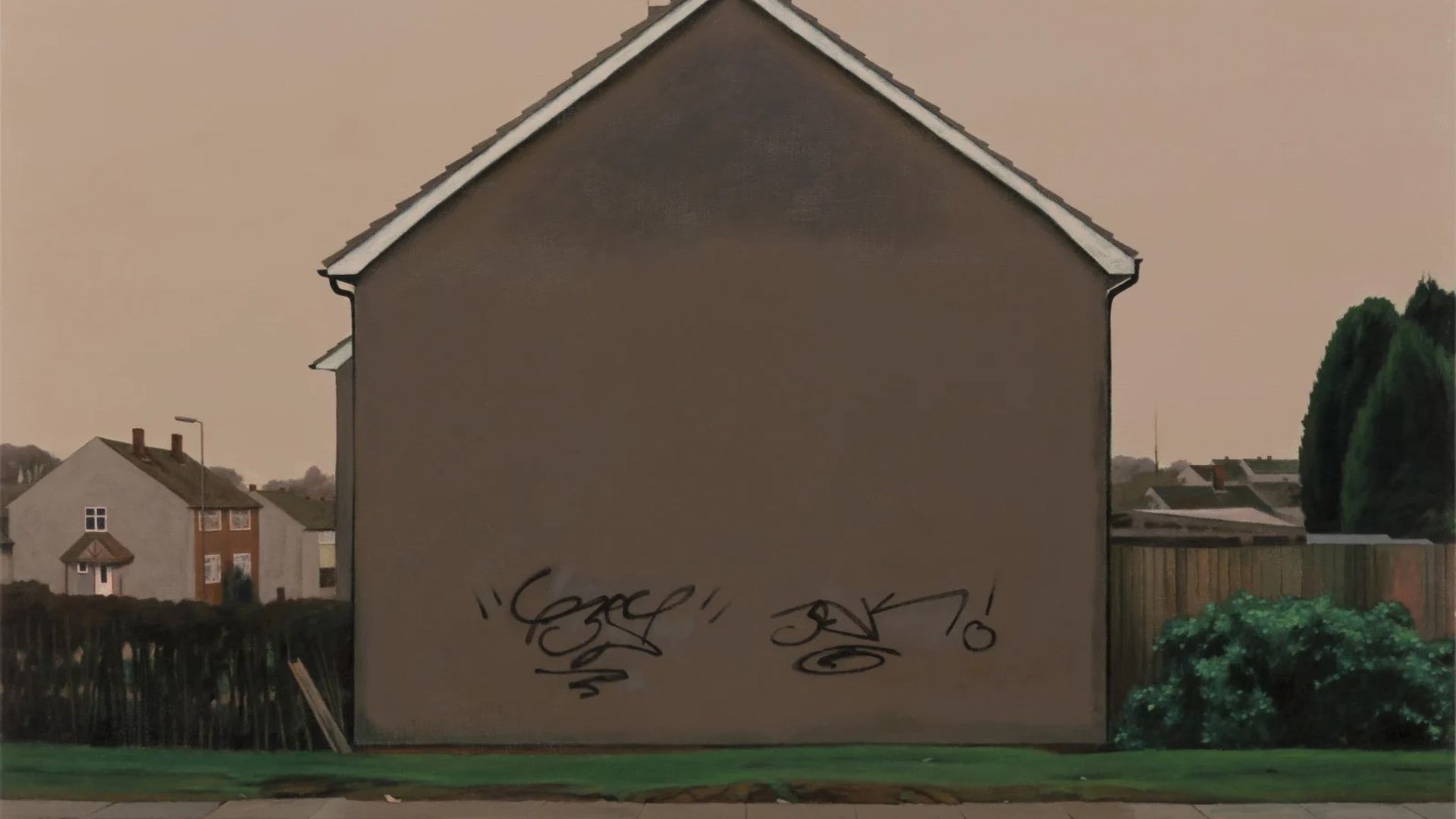 Painting by George Shaw, the side of a brown house, marked with black graffiti.