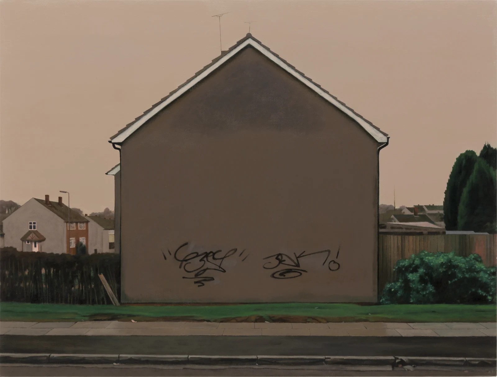 Painting by George Shaw, the side of a brown house, marked with black graffiti.