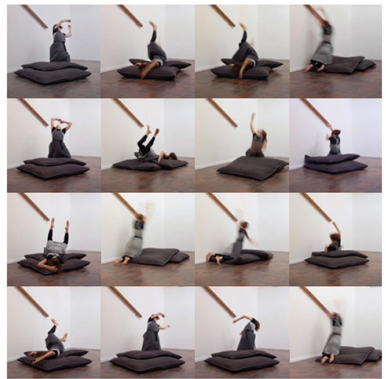 Grid of video stills from performance by Emma Cocker, showing a person collapsing onto a thick padded mat.