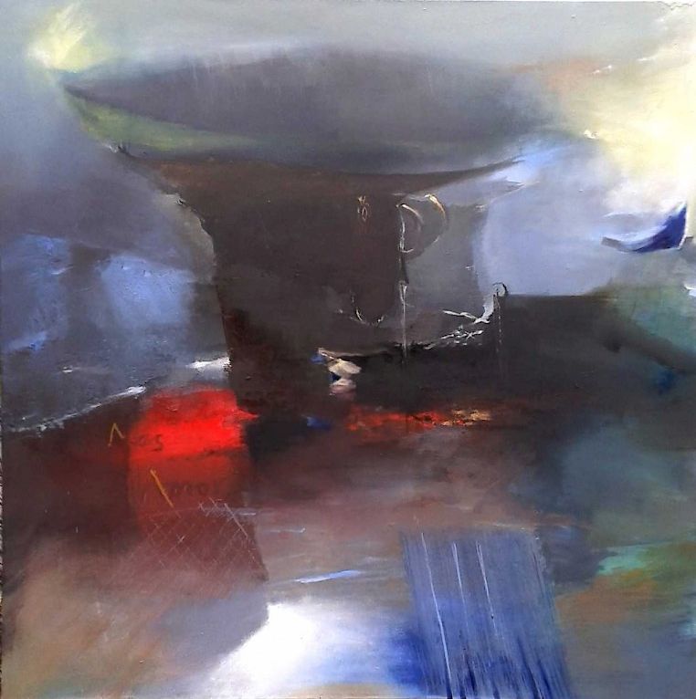 Abstract painting by John Brokenshire, blended colours in mostly blue, cream and red, with additional marks in orange and white.