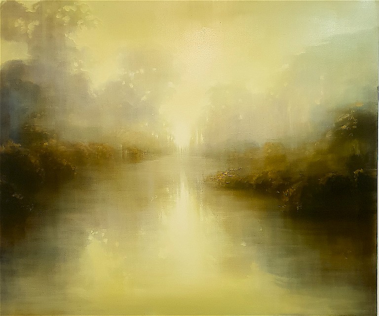 Atmospheric oil painting by Louise Fairchild, a tranquil woodland clearing with a small pool, in mysterious yellow colour palette.