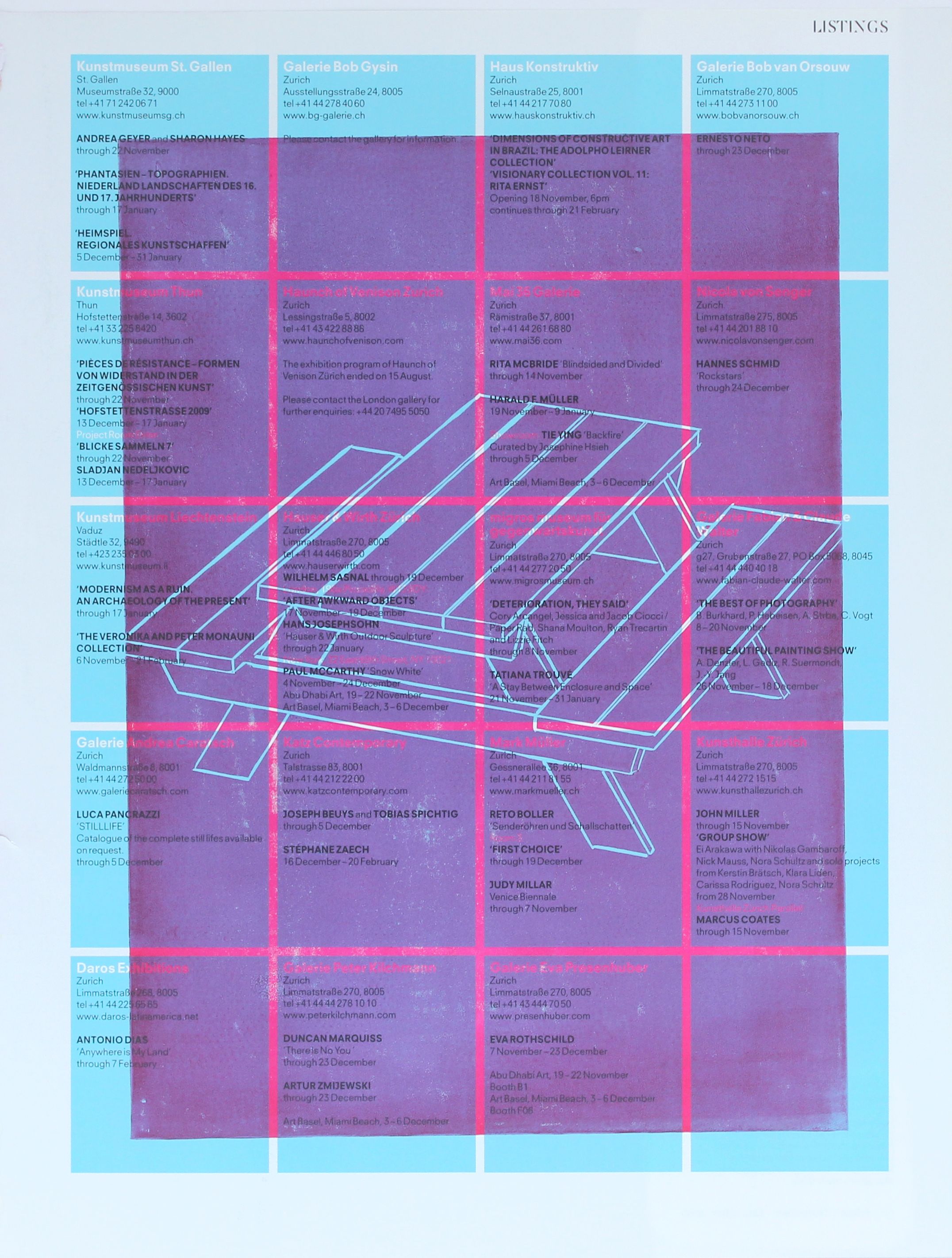 Print by Michael Day of a picnic bench against a brightly coloured grid background in blue, pink and purple. Appears to be printed on an art gallery programme booklet.