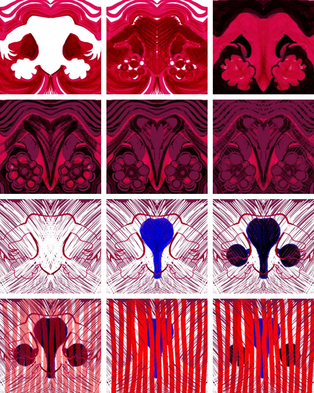 Grid of paintings by Michelle Dickens, mostly in bloody colours but with some bright blue elements, depicting female reproductive organs.