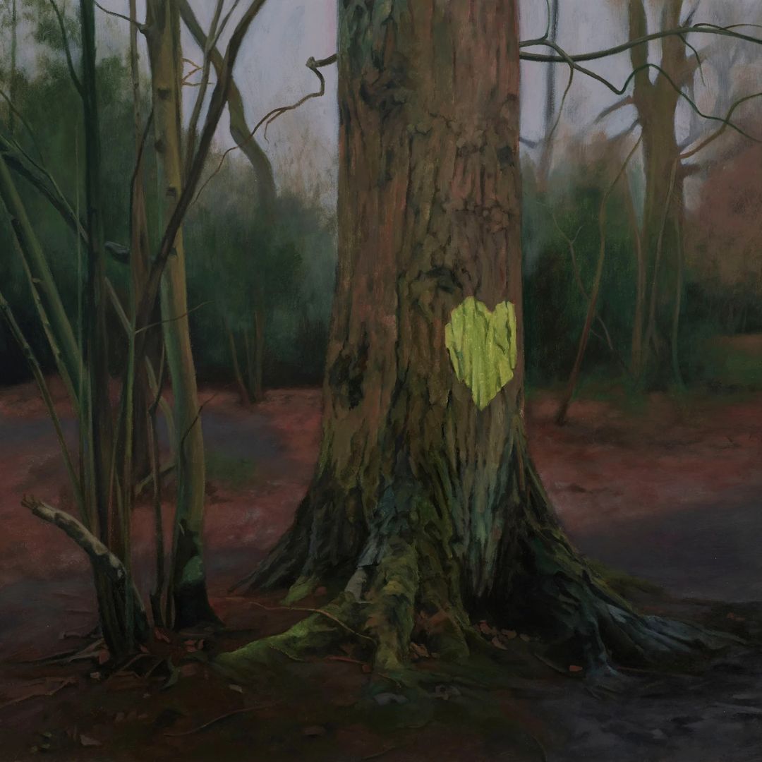 Painting by George Shaw, a tree in a forest with a yellow love heart painted onto its side.