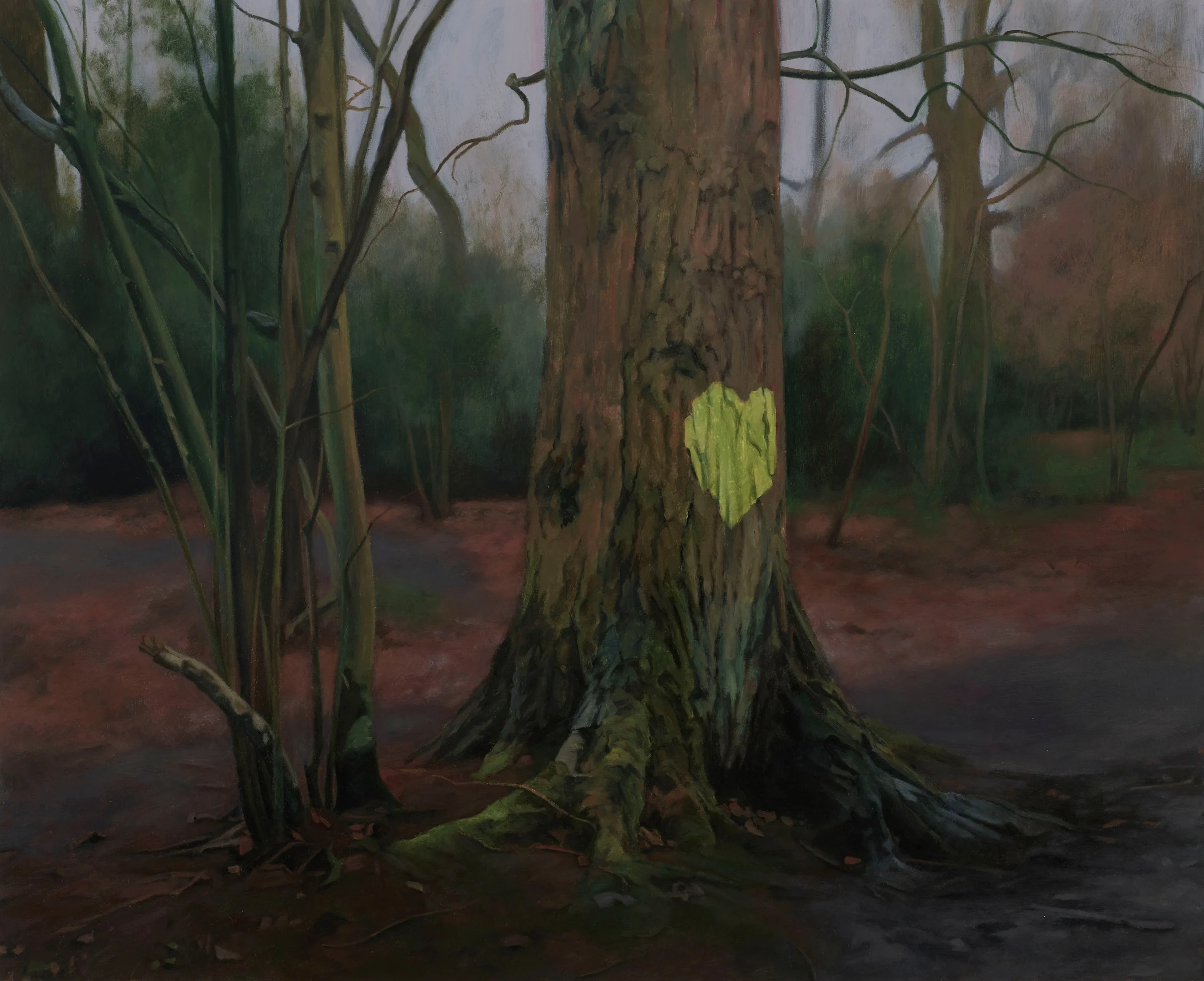 Painting by George Shaw, a tree in a forest with a yellow love heart painted onto its side.