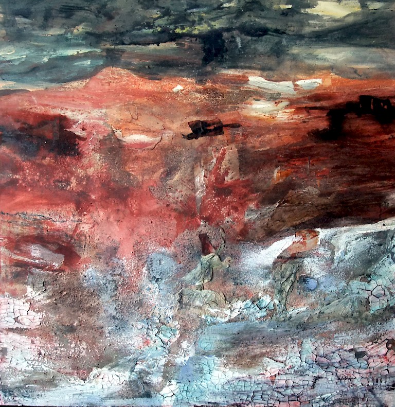 Abstract painting by Paul Dearden, layers of melting colours including black, red, and icy blue.