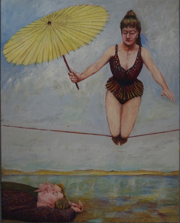 Painting by Phil Cole, a woman on a tightrope wearing a leotard and holding a yellow umbrella. Two people lay on the beach beneath her, with their eyes closed. 