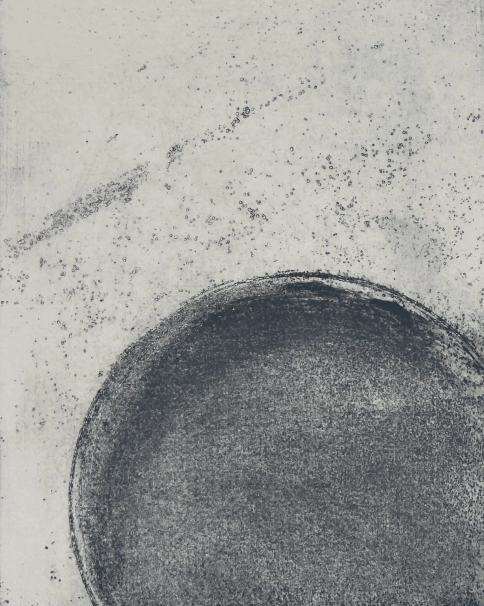 Grey print by Pippa Baldwin, a dark circle not fully in the frame.