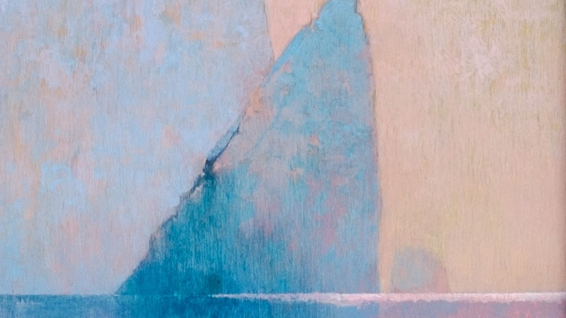 Landscape painting by Richard Johnson, a large body of water with two cliffs or trees, in a hazy blue and pink colour palette that makes it seem to glow.