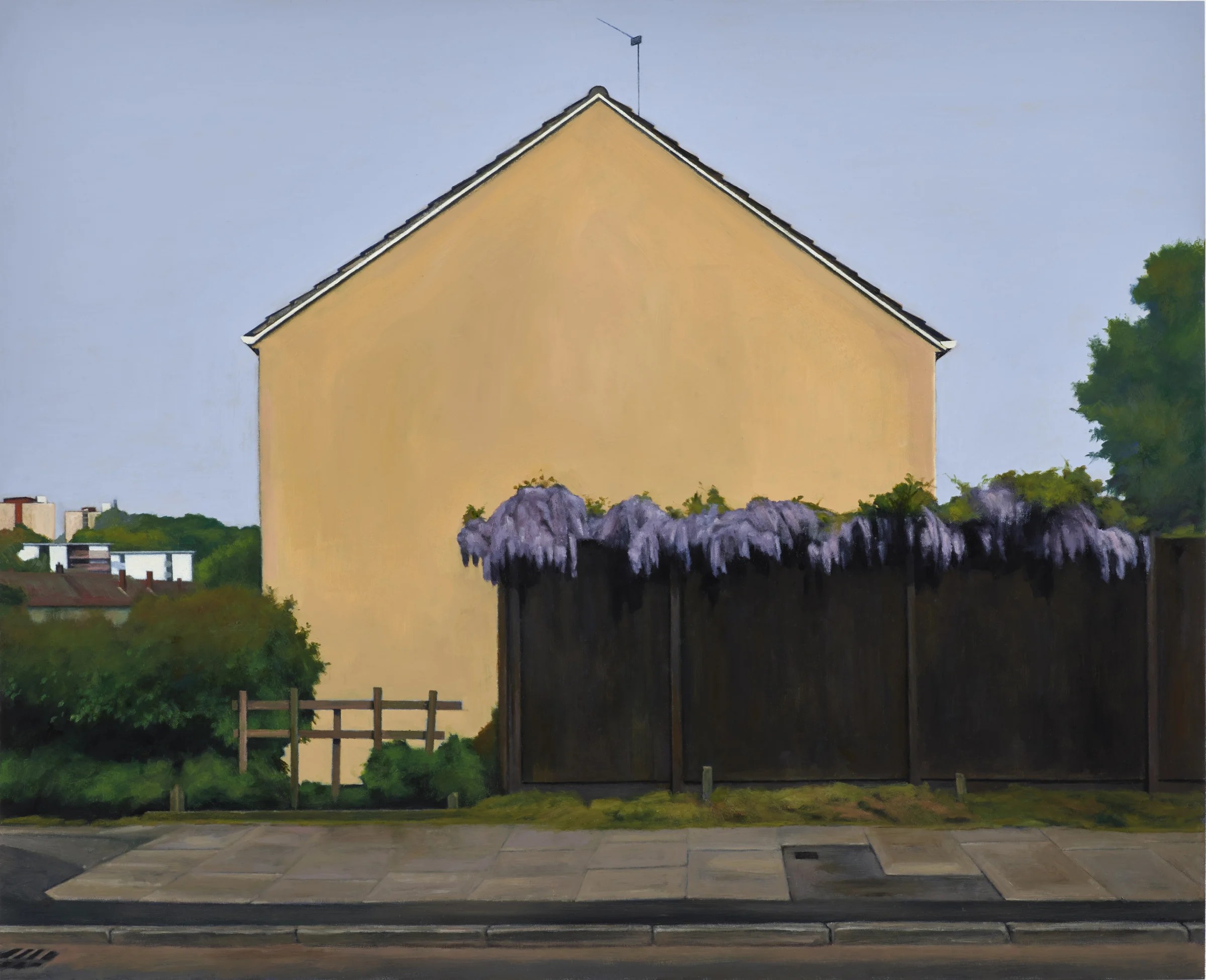 Painting by George Shaw, the side of a yellow house with blooming purple flowers spilling over the fence.