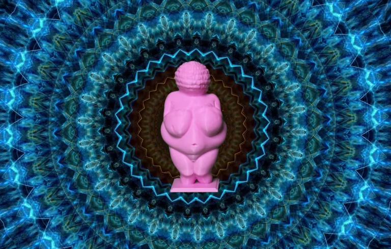Video still by Theresa Bruno showing a 3D printed replica of the Willendorf Venus in pink, against a psychedelic blue kaleidoscope background.
