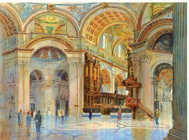Painting by Tim Rose showing a grand interior, perhaps of a Venetian chapel, with rounded painted ceilings and tiled floor.