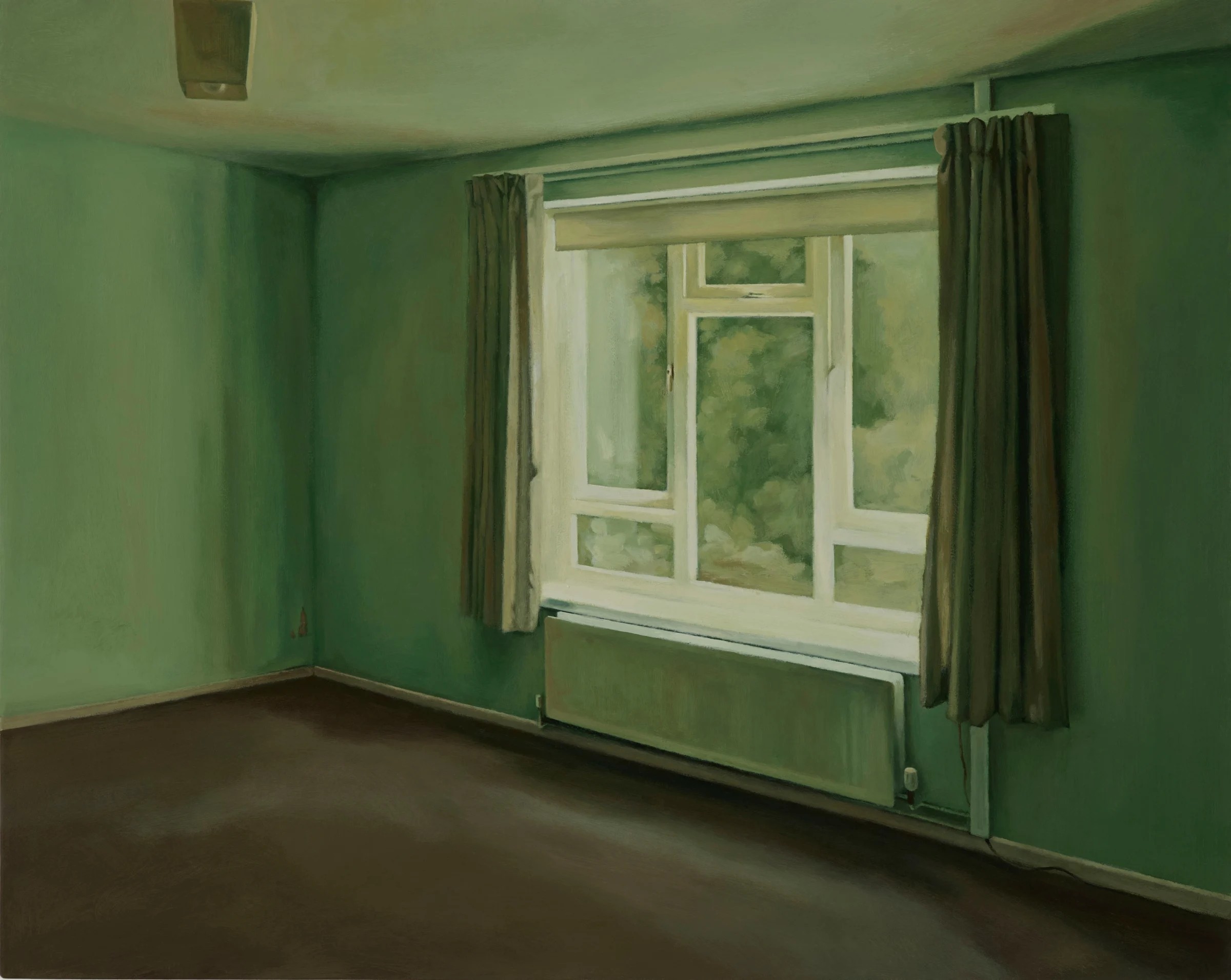 Painting by George Shaw, interior of an empty room with brown carpet, green walls, green ceiling, and green curtains. 