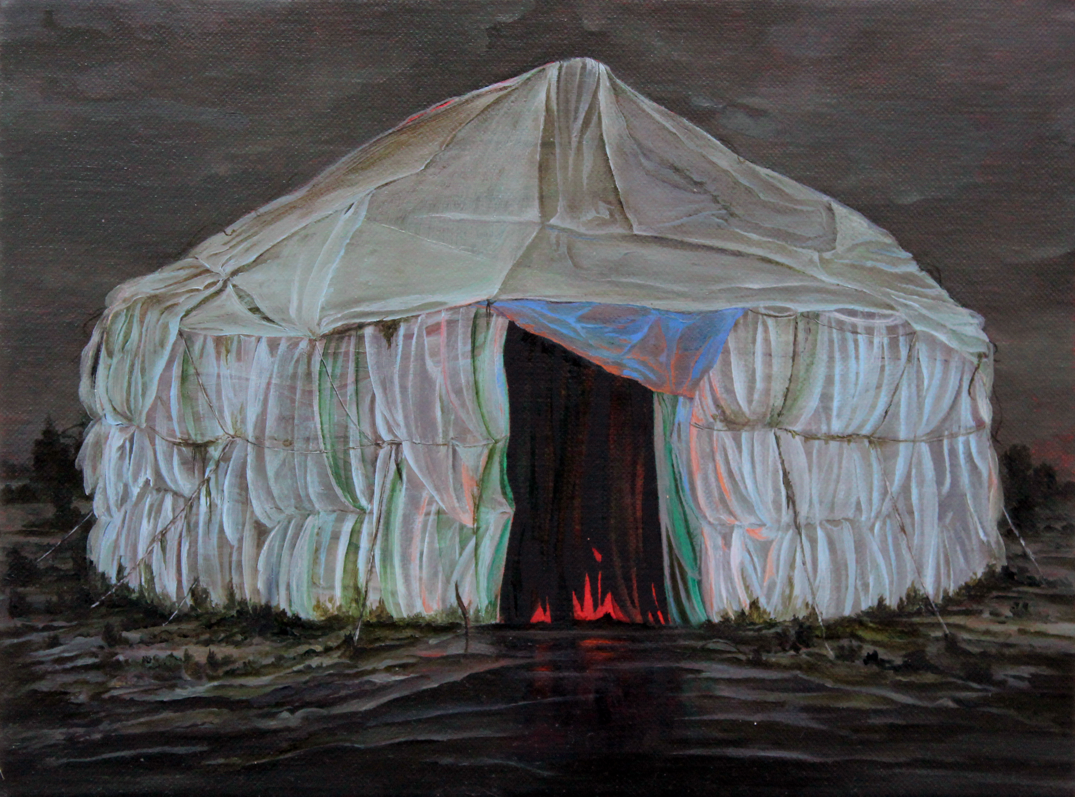 Painting by Joanna Whittle, showing a white tent in a black landscape with a red glow coming from within.