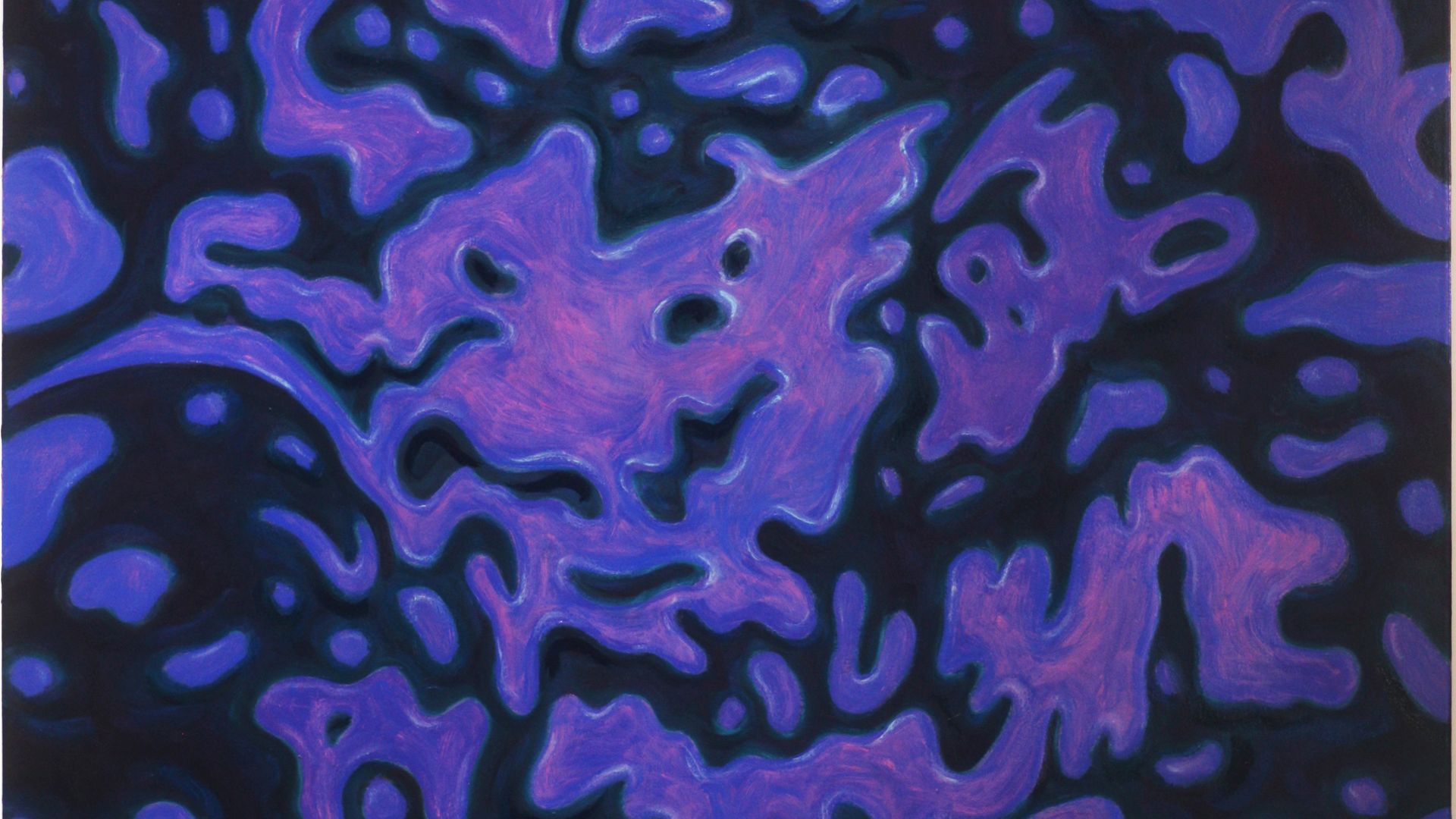 A shimmering painting by Richard Forbes-Hamilton, featuring abstract purple shapes. A face or mask with hollow eyes emerges at the top of the painting.