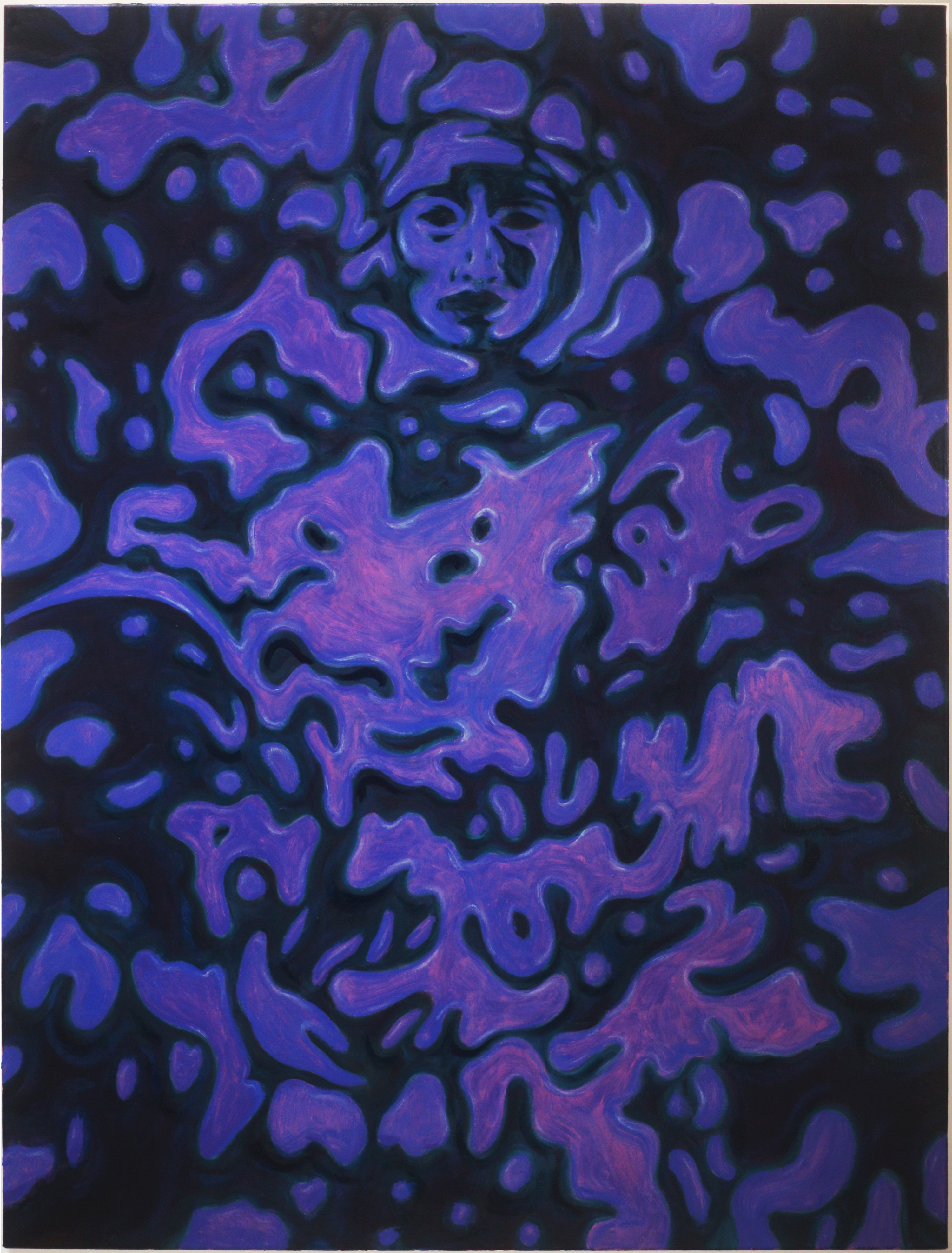 A shimmering painting by Richard Forbes-Hamilton, featuring abstract purple shapes. A face or mask with hollow eyes emerges at the top of the painting.